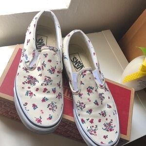 Vans Cream and Red Slip-On Sneakers Floral Design